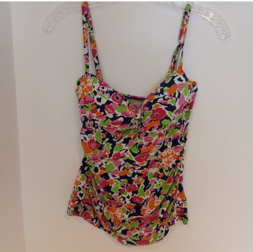 Lauren Ralph Lauren Tankini Swim Top Multi-Color Ruched Sides Padded Cups Size 8